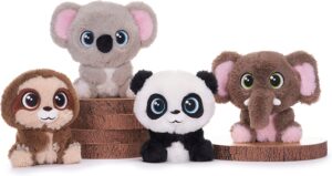 A line up of four plush toys. From left to right: a sloth, a koala, a panda, and an elephant