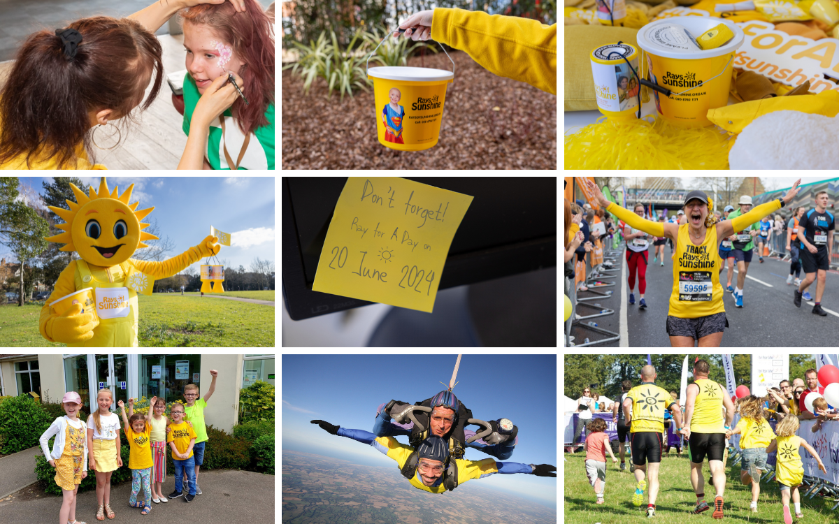 Collage with various imagery of people wearing yellow and doing various fundraising activites