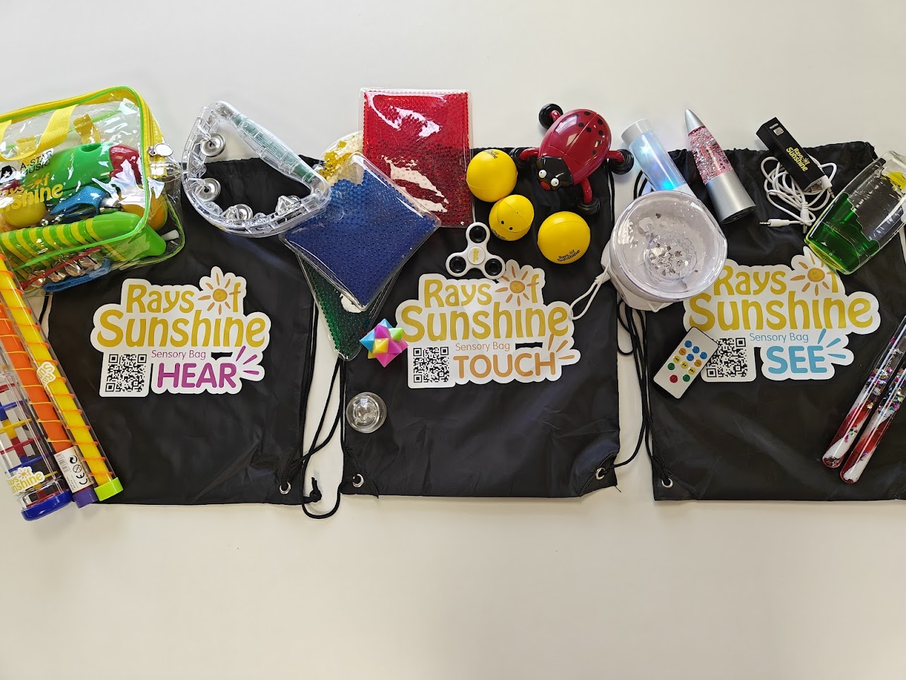 The image shows three "Rays of Sunshine" sensory bags labeled "HEAR," "TOUCH," and "SEE," each filled with sensory toys like noise-makers, textured items, and visual stimulants.