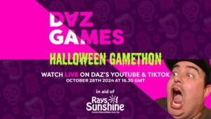 Daz Games gameathon fundraiser poster featuring a purple background patterned with skulls and a cut out image of a man (Daz) screaming