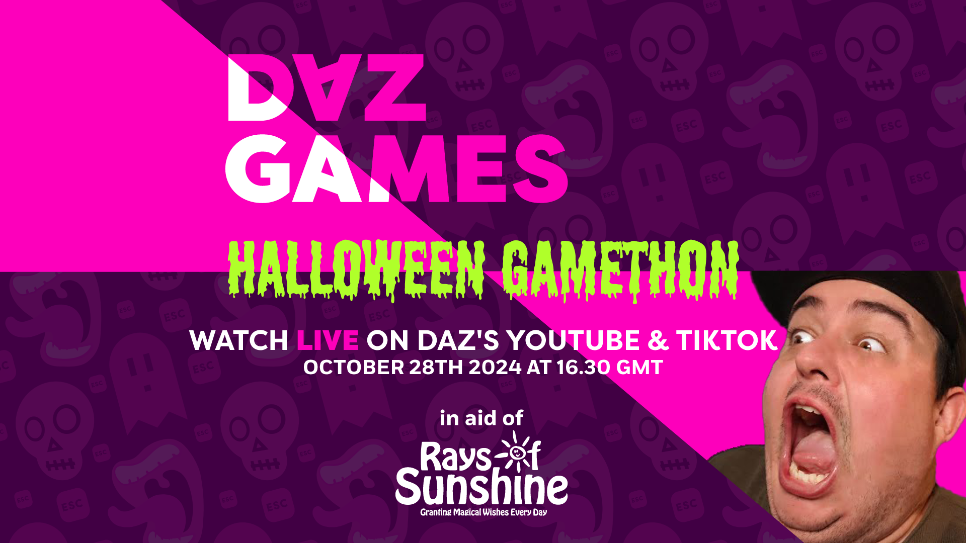 Poster for Daz Black's halloween gamethon for Rays of Sunshine