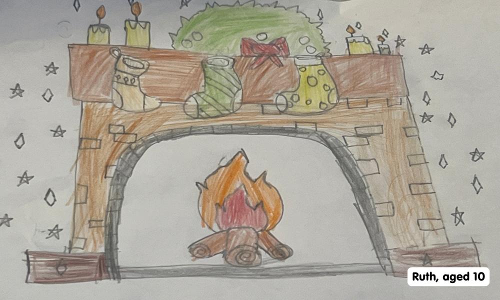 Child's drawing of a festive fireplace scene