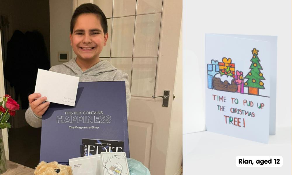 Split photo of a little boy smiling while holding up a Christmas card, and on the right is a Christmas card mock up featuring a Christmas pudding, presents, a tree and the phrase Time to Pud up the Christmas Tree