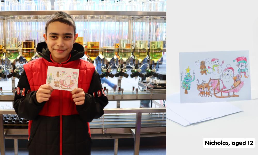 Split image of a boy in a red and black jacket holding up a Christmas card, and on the right is a mock up of the card, which features several Christmas themed characters dancing