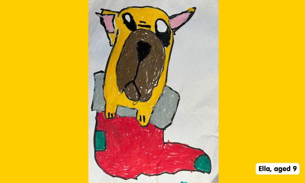 Child's drawing of a yellow dog inside a Christmas stocking