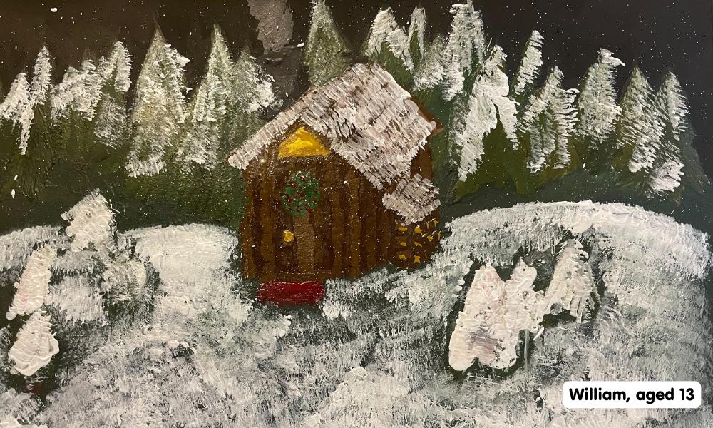 Child's painting of a log cabin with snow on the ground and snowy trees in the background