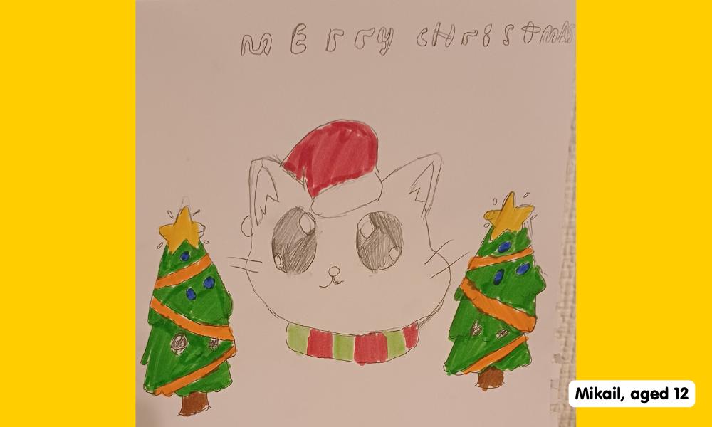 Child's drawing of an anime style cat flagged on both sides by Christmas trees