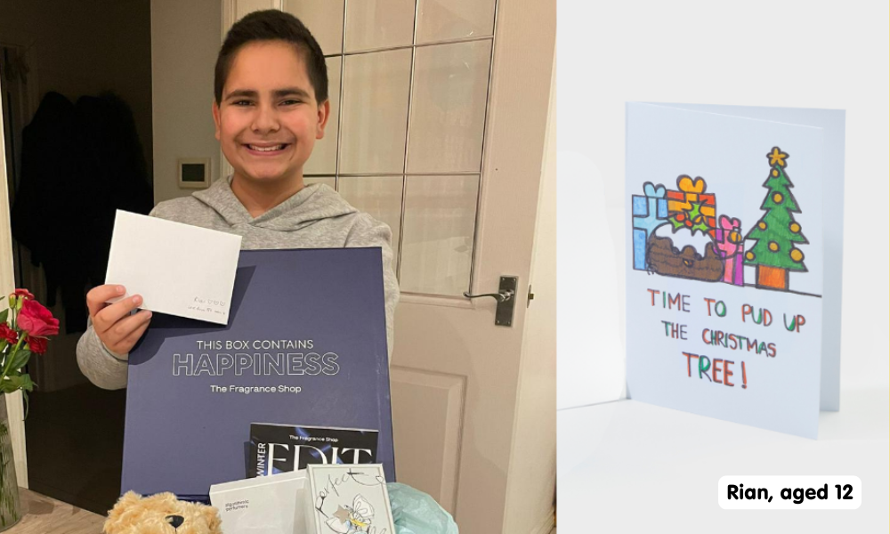 Split image showing little boy holding greeting card, and a close up of the card on the right