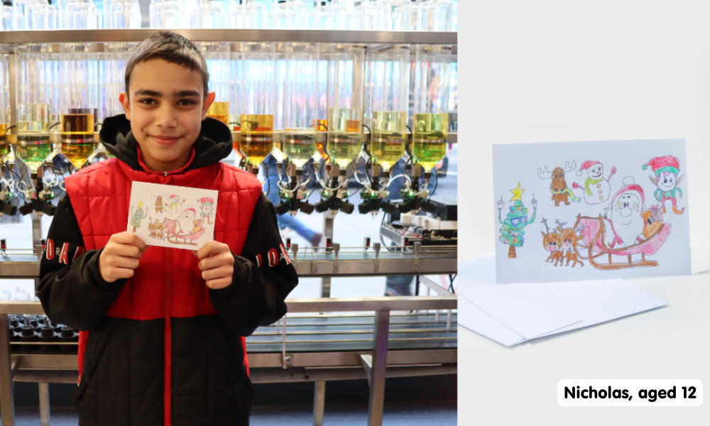 Split image showing little boy holding greeting card, and a close up of the card on the right