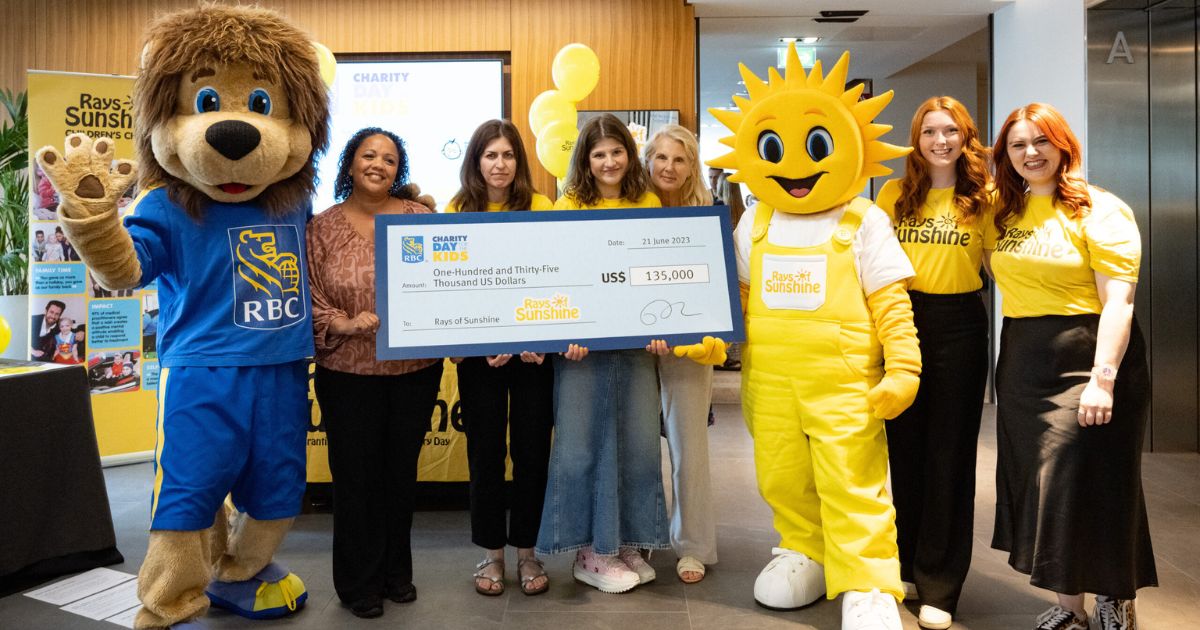 A group of people and two mascots holding a large check