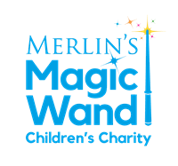 Logo for Merlins Magic Wand Charity in blue text and a magic wand