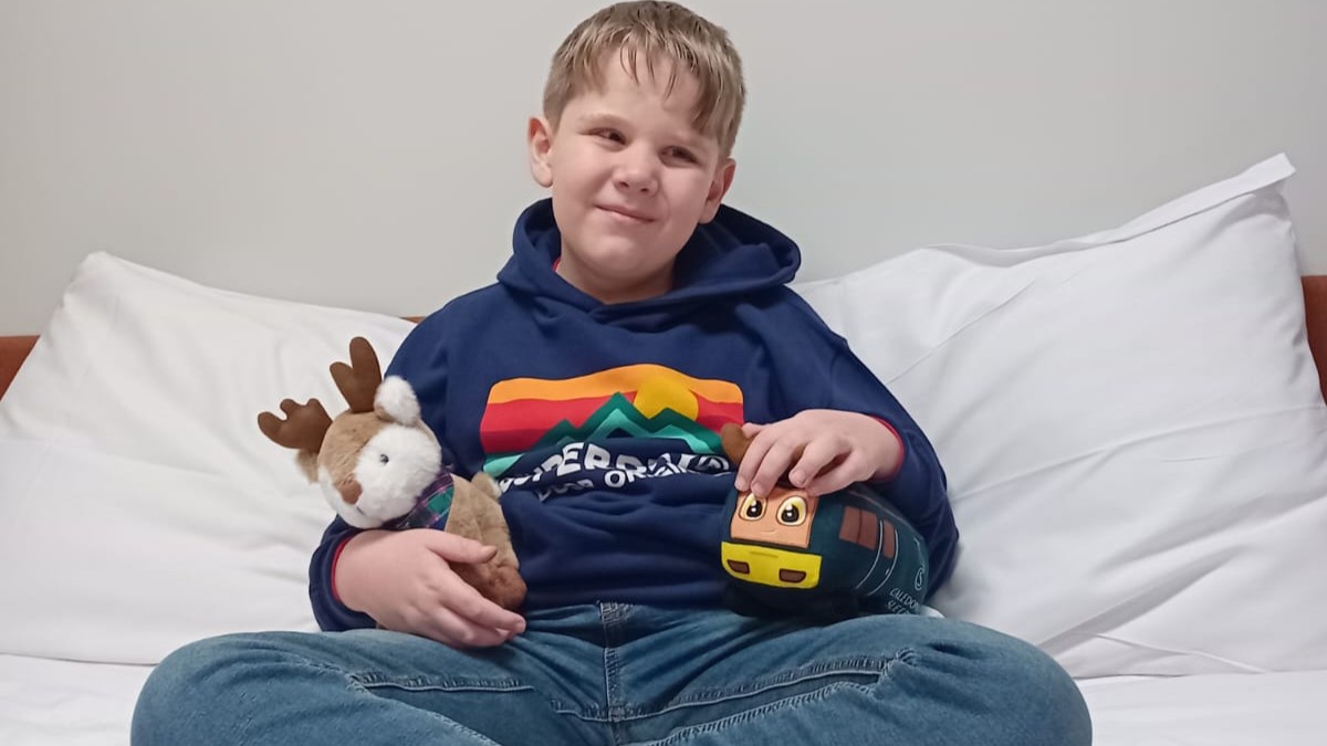 Boy sits on a bed with several plush toys in his lap